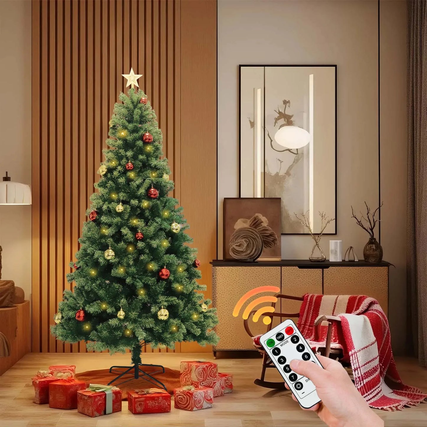 Artificial Hinged Christmas Tree With LED Lights 8 Lighting Modes