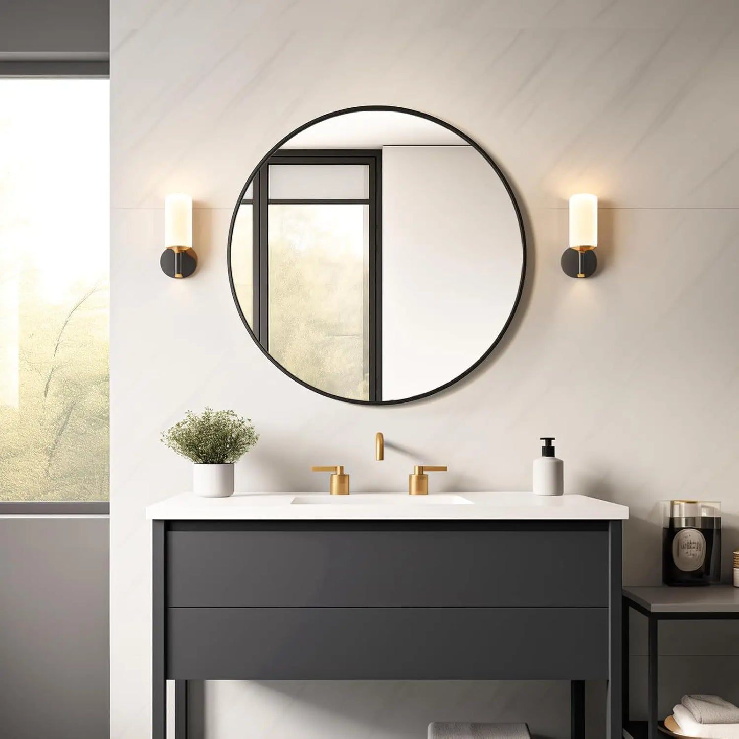 Circle Mirror With Metal Frame For Bathroom Vanity And Hallway