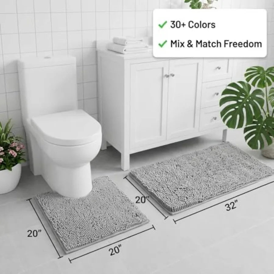 Absorbent Chenille Bathroom Rug And U Shaped Toilet Mat Set