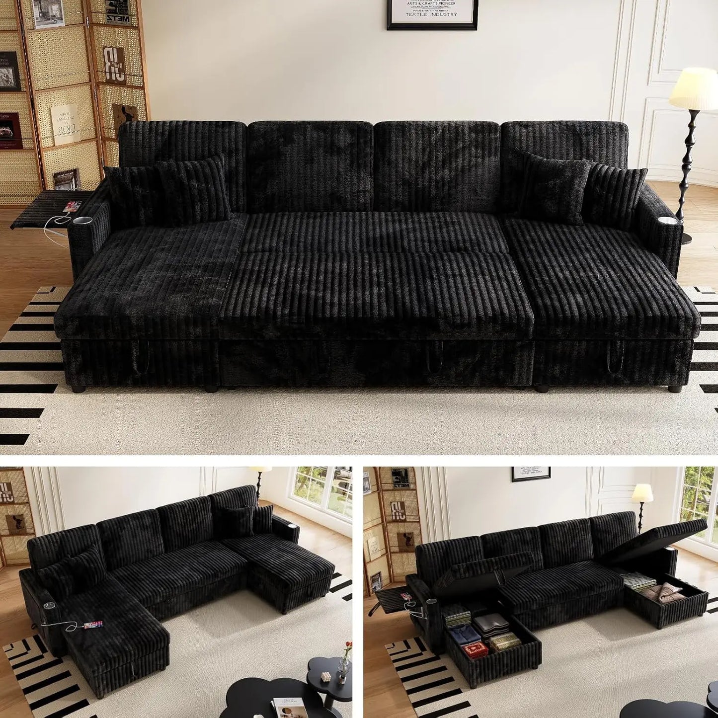 U Shaped Sleeper Sectional Sofa USB Pullout Bed And Storage