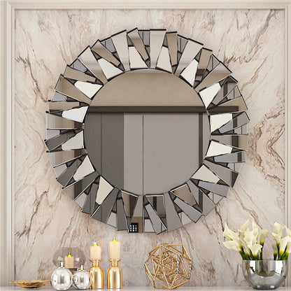 Sunburst Round Wall Mirror With Beveled Glass For Bathroom Decor