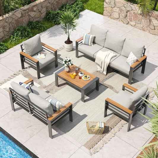 Aluminum Patio Furniture Set 7 Seats Outdoor Sectional Washable Cushions