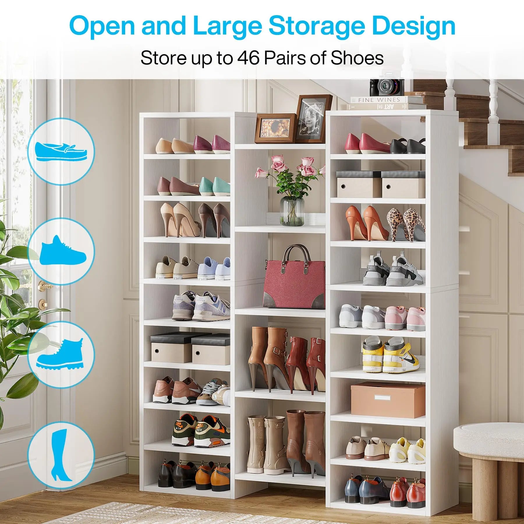 14-Tier Freestanding Shoe Rack Tall Wood Shoe Storage Cabinet