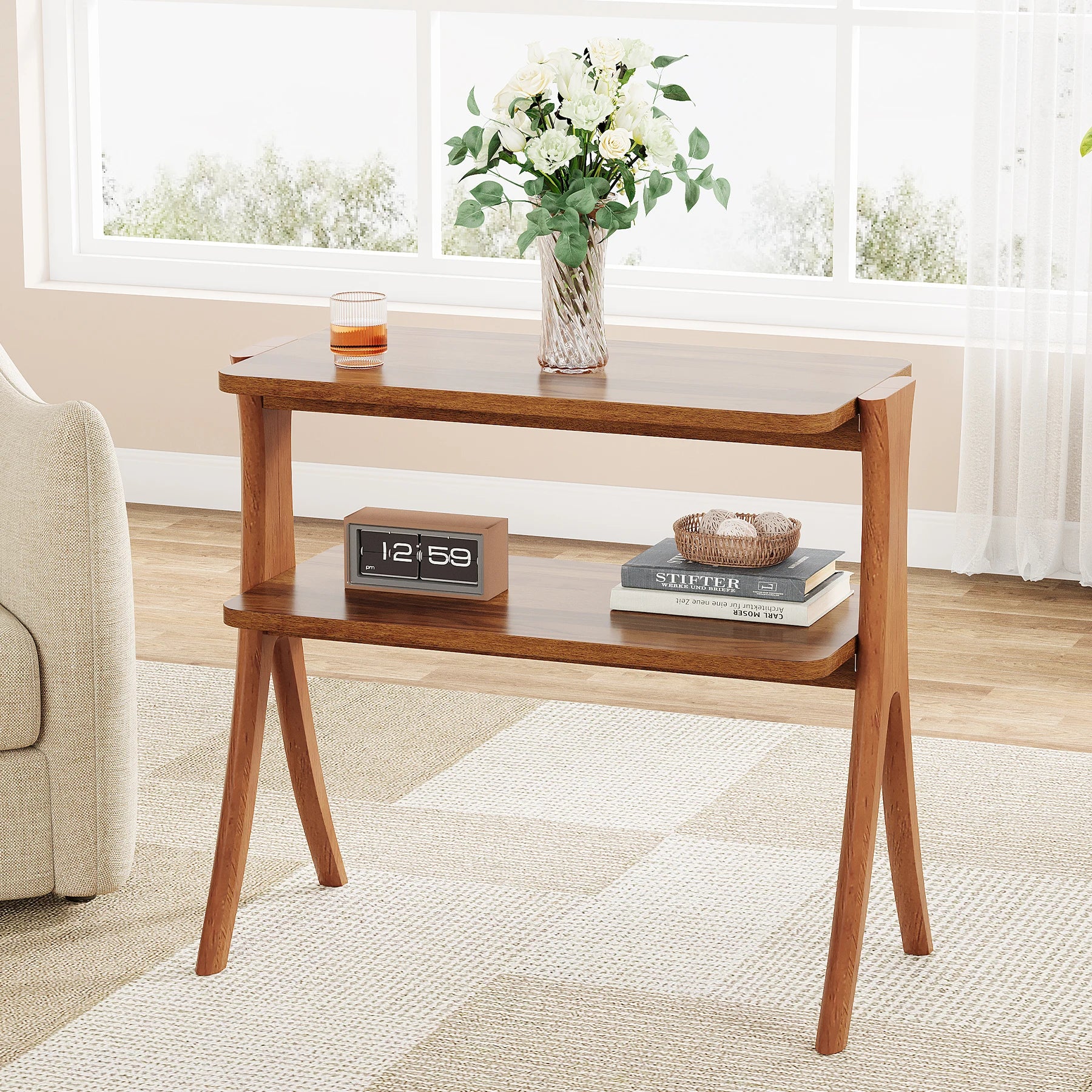 Tribesigns Side Table With 2-Tier Storage Solid Wood Legs