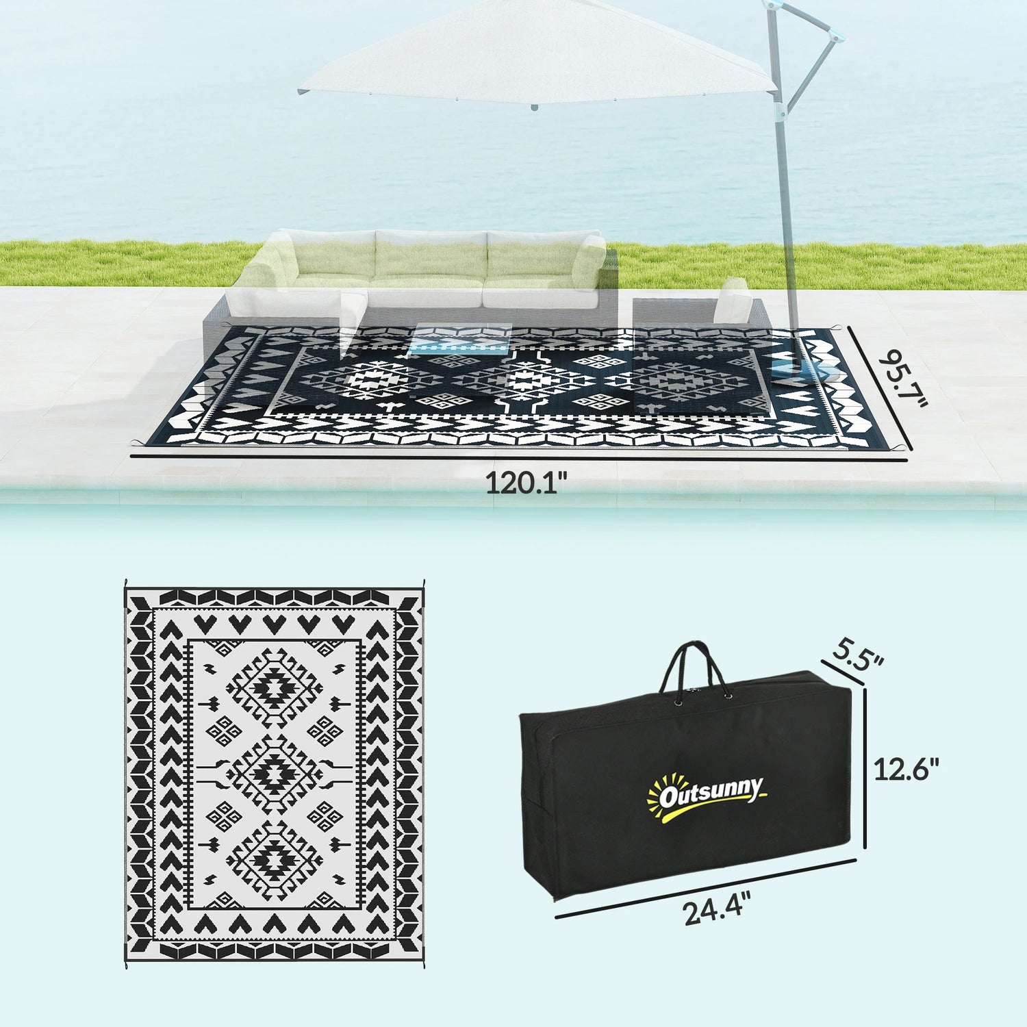 Black And White Rhombus Patchwork Outdoor Rug