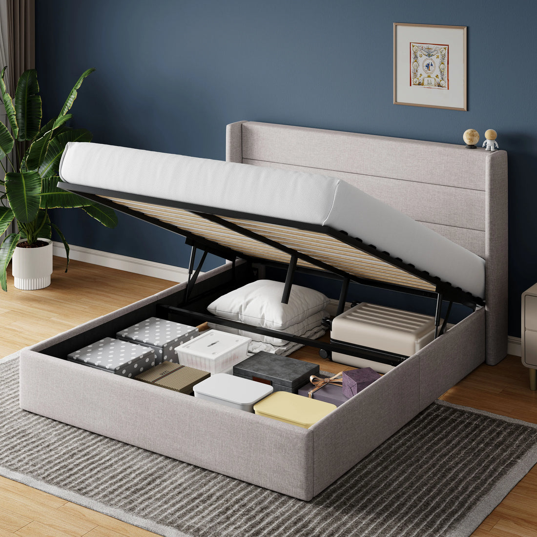 HOOMIC Lift Up Storage Bed With Wingback Headboard And Large Underbed Storage