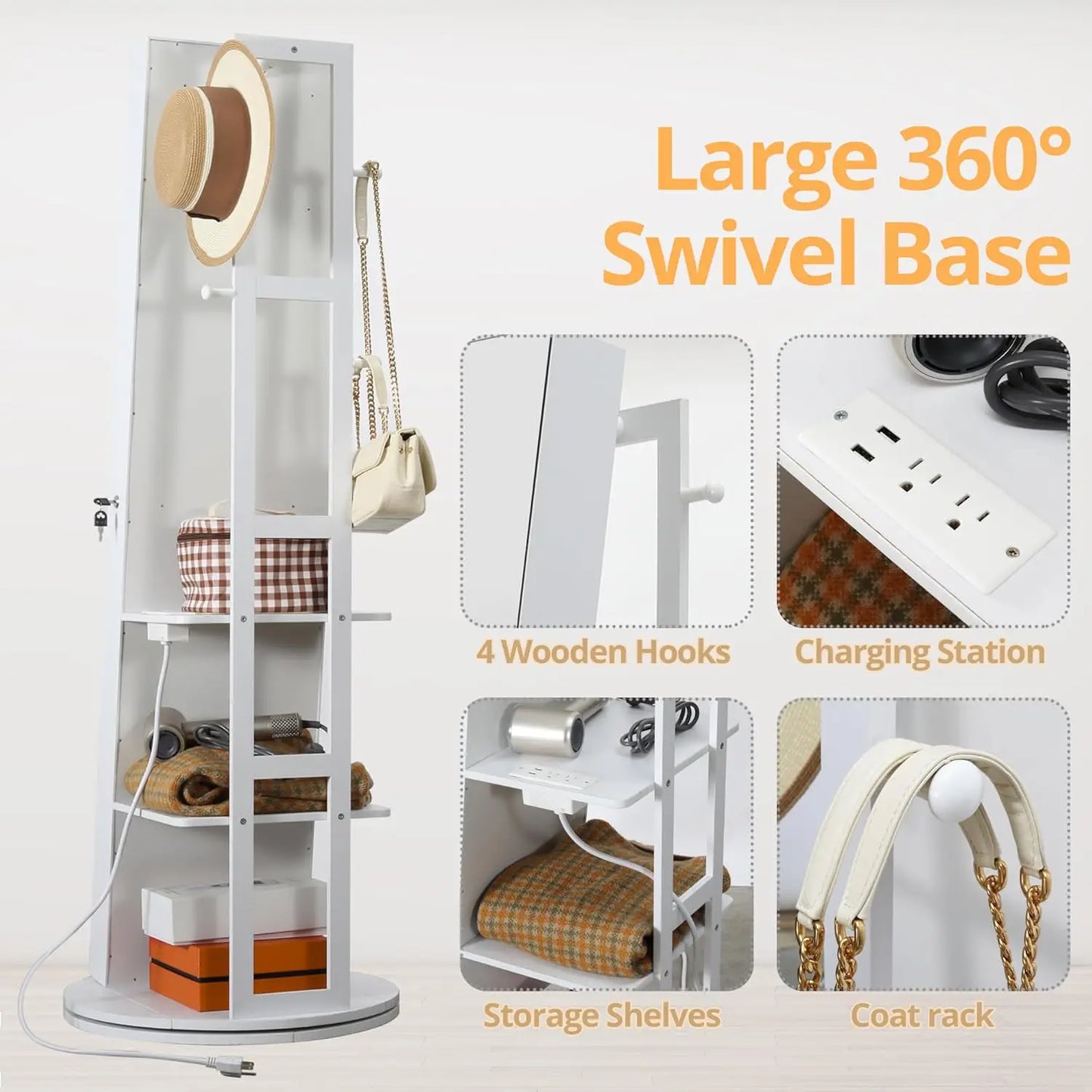 Ironck 360 Degree Swivel Mirrored Jewelry Cabinet With LED Lights