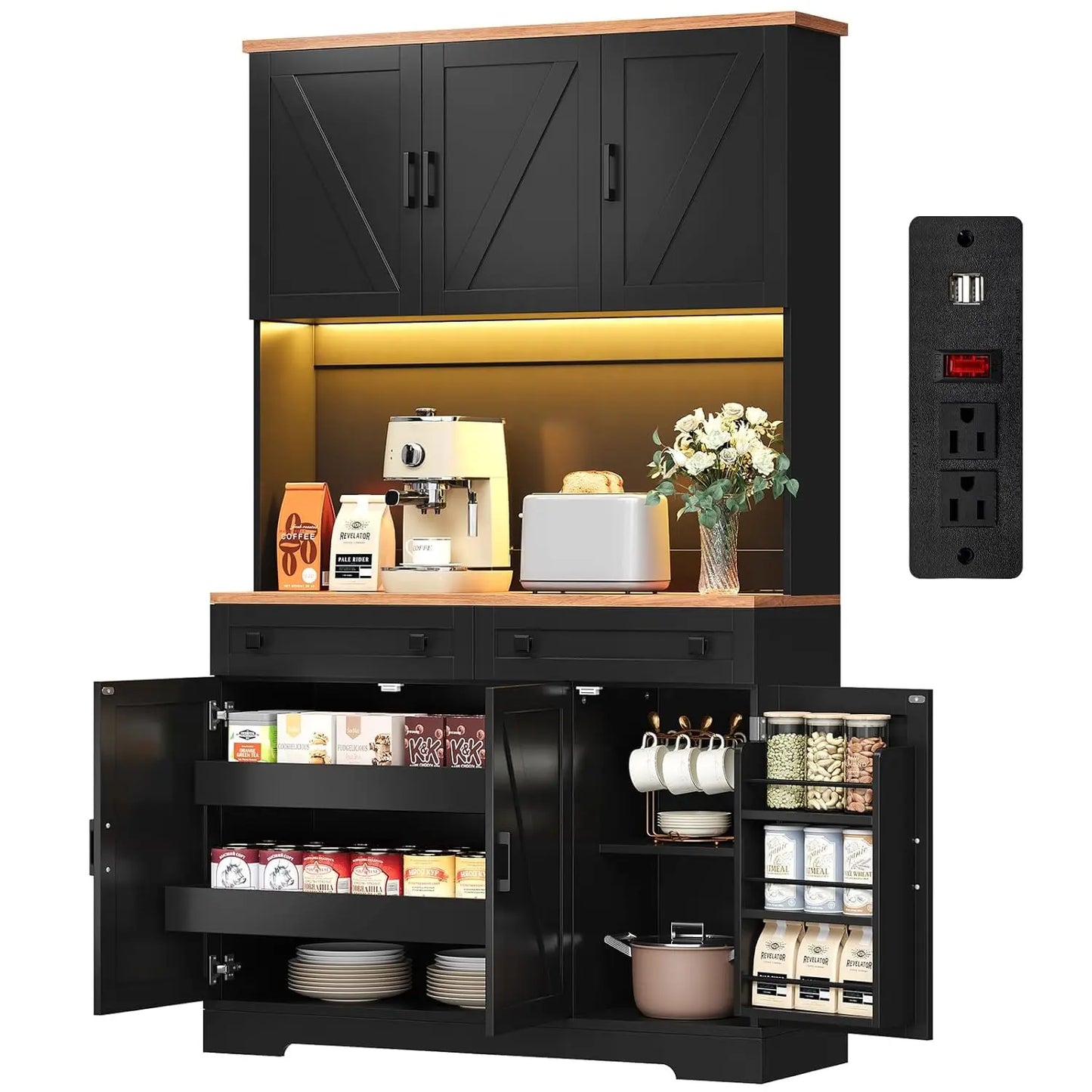GUANGBAI Kitchen Pantry Cabinet With Charging Station And LED Lights
