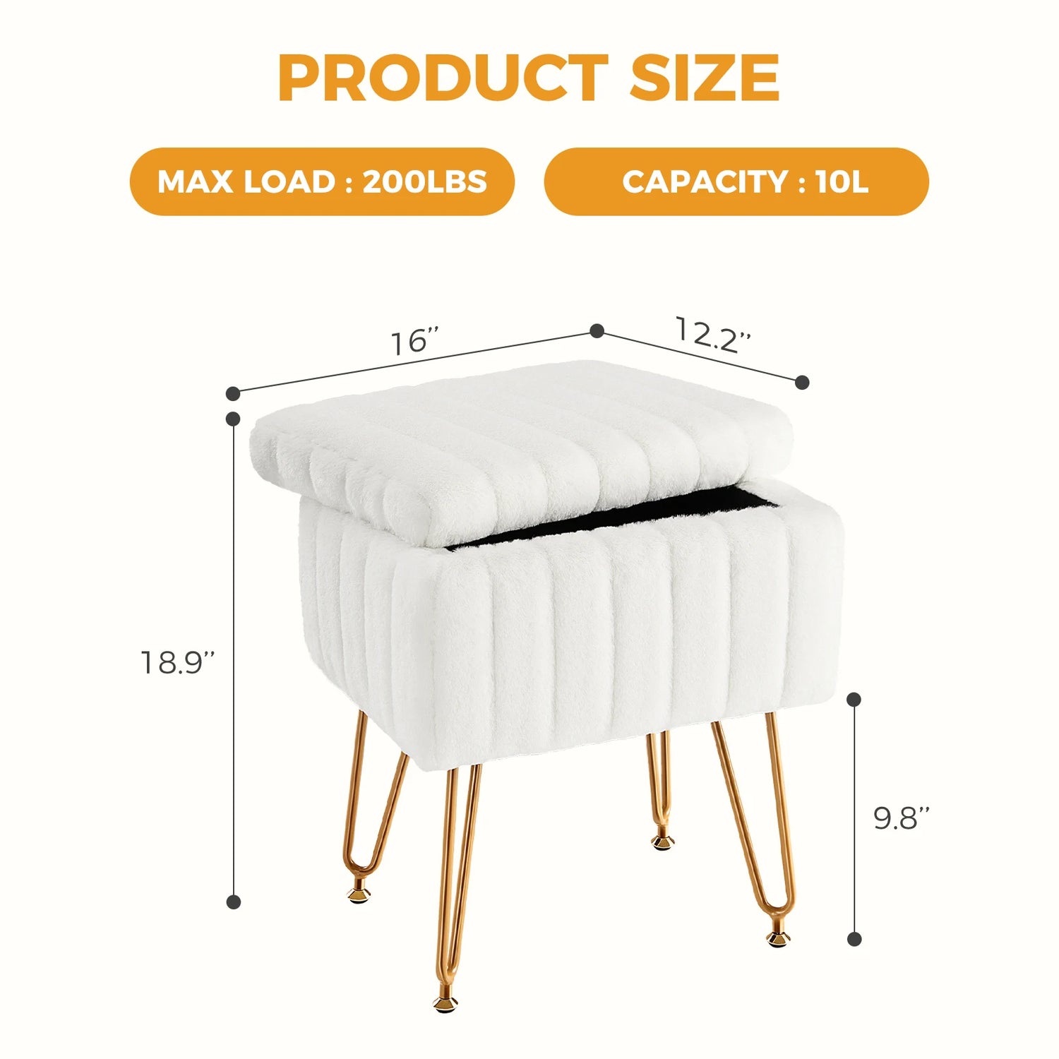 JHK Faux Fur Hidden Storage Ottoman Stools With Metal Legs