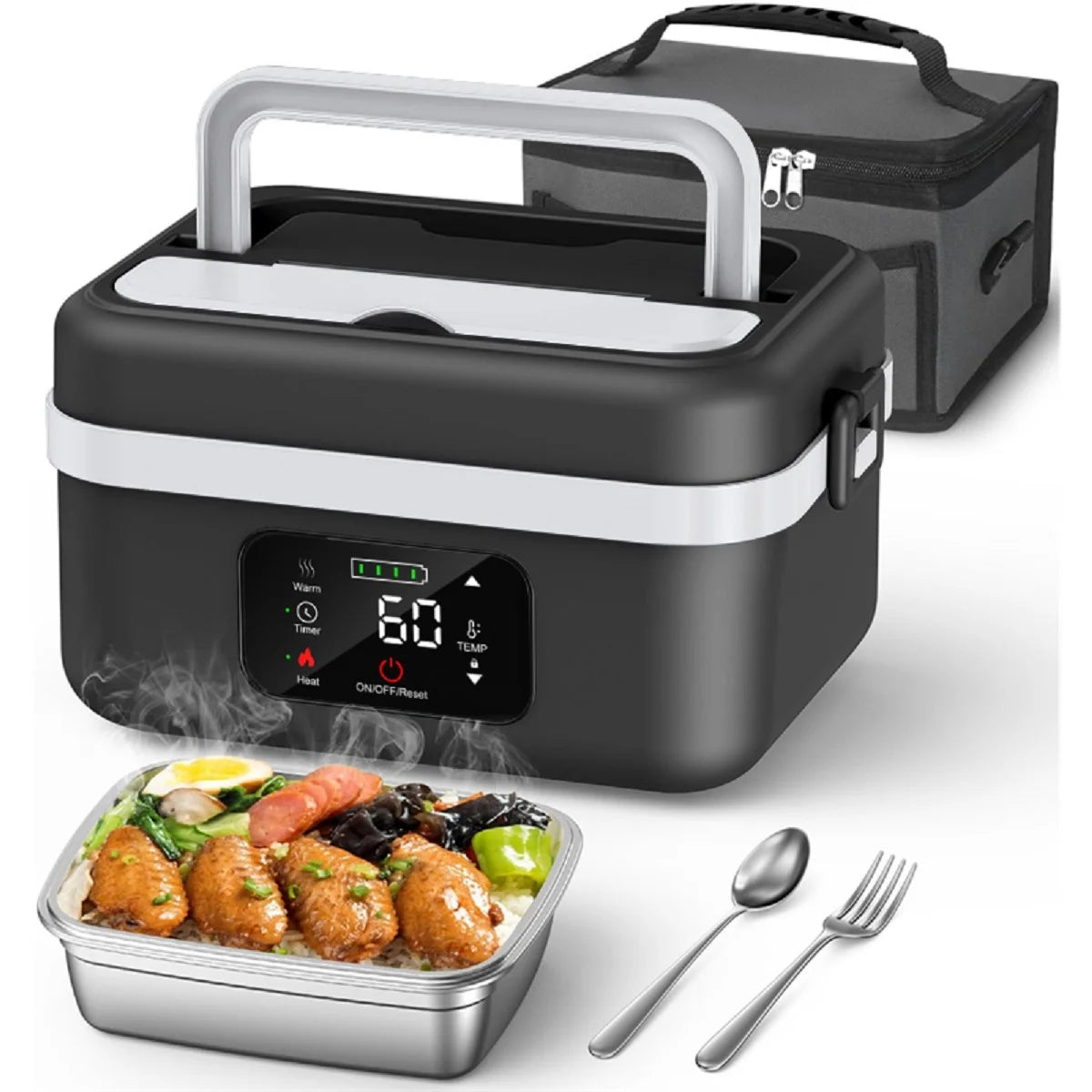 Rechargeable Lunch Box Warmer With Timer And Insulated Carrying Bag