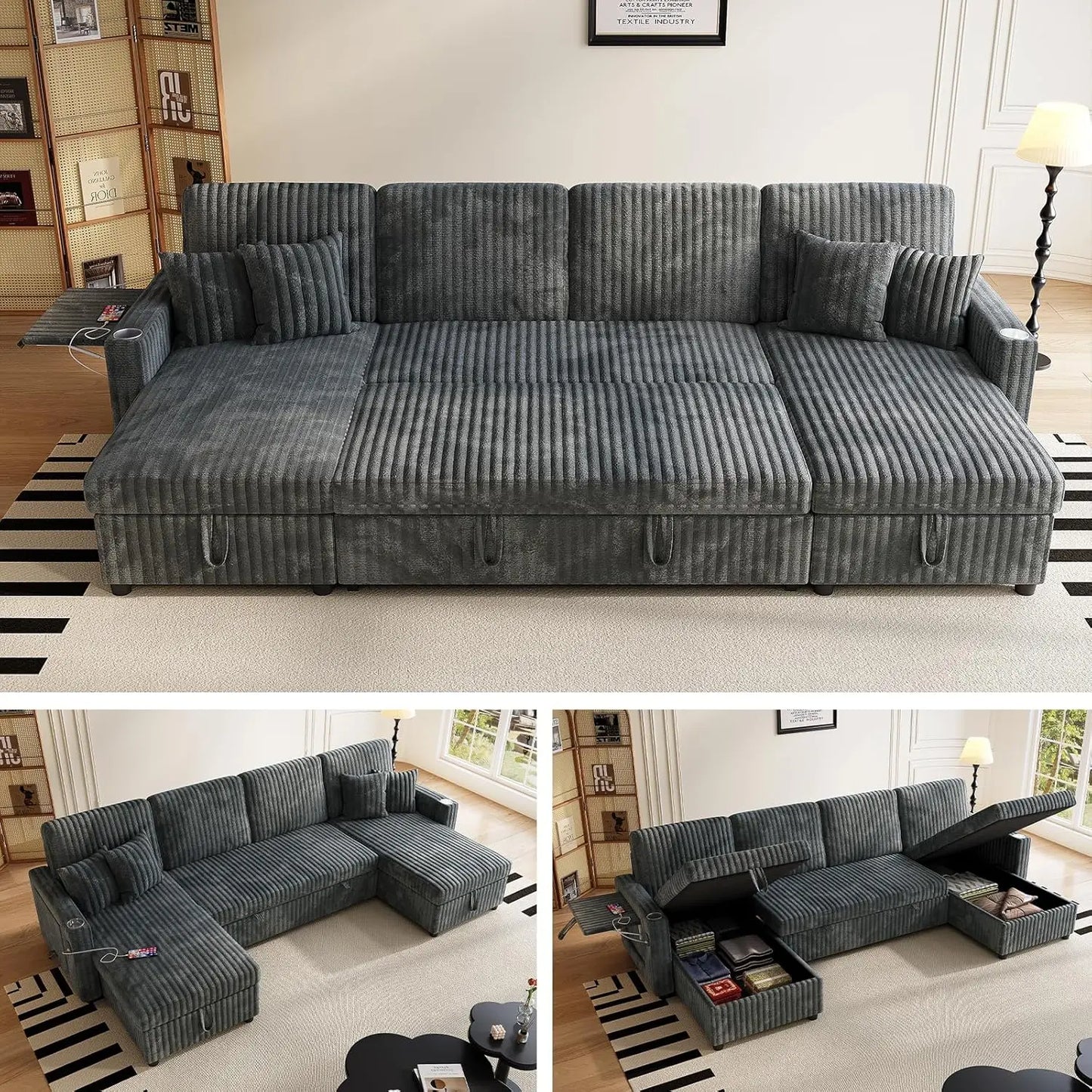 U Shaped Sleeper Sectional Sofa USB Pullout Bed And Storage