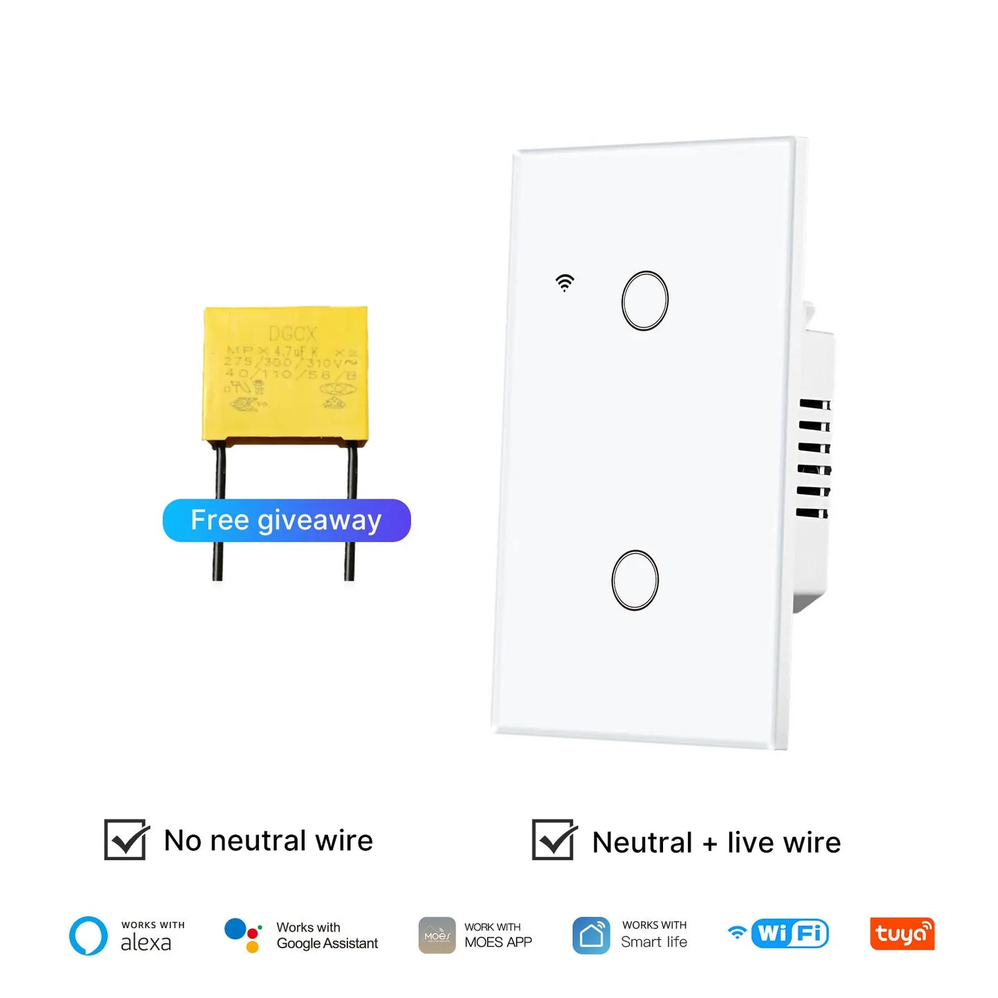 WiFi Smart Light Switch Glass Touch No Neutral Wire Works With Alexa Google Home