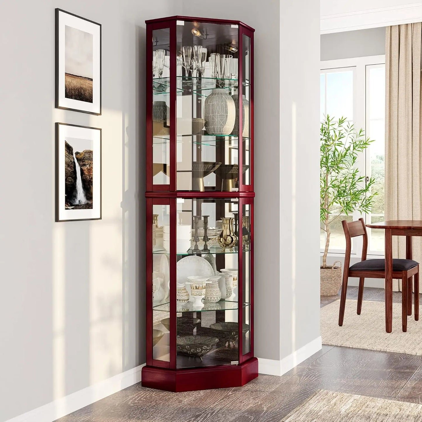 Lighted Corner Curio Cabinet With Tempered Glass Door And Shelves