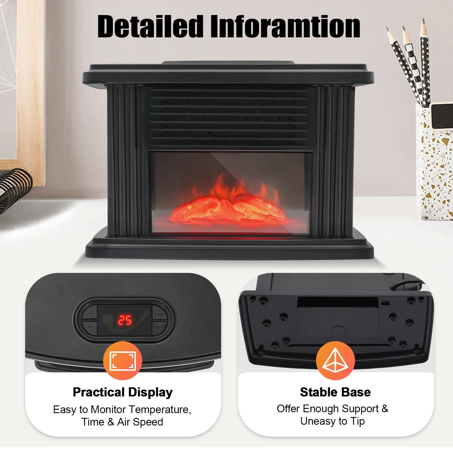 Sweetmile Mini Electric Fireplace Heater With Realistic 3D Flame