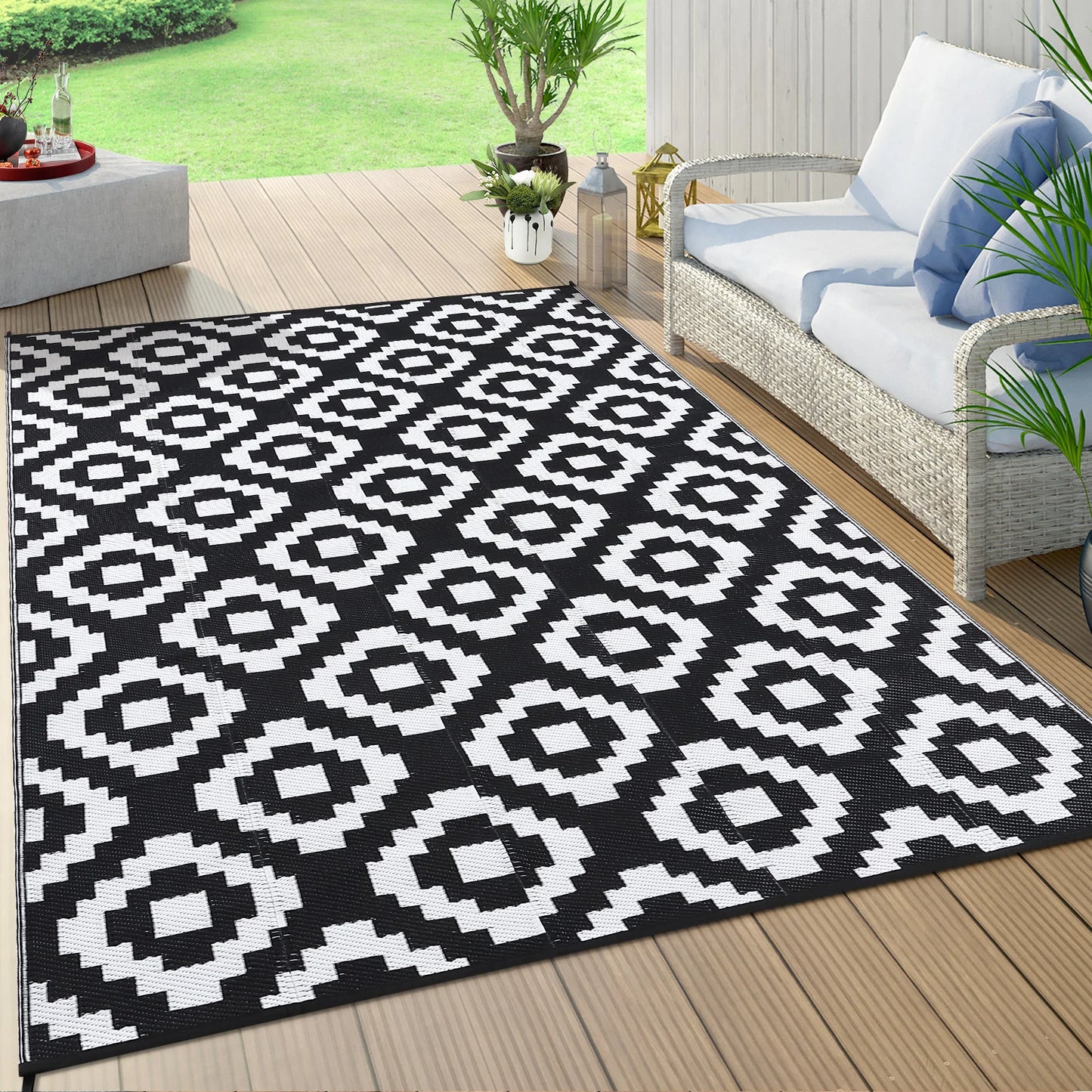 StudysetCN Outdoor Plastic Straw Geometric Rug Waterproof Reversible For Patio