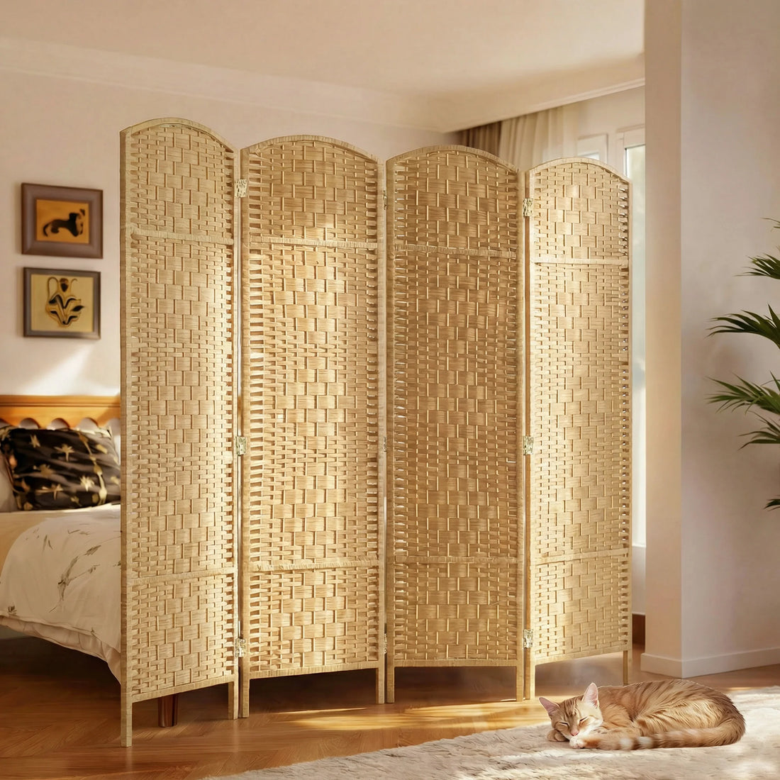 Freestanding Four Panel Folding Room Divider With Pine Wood Frame