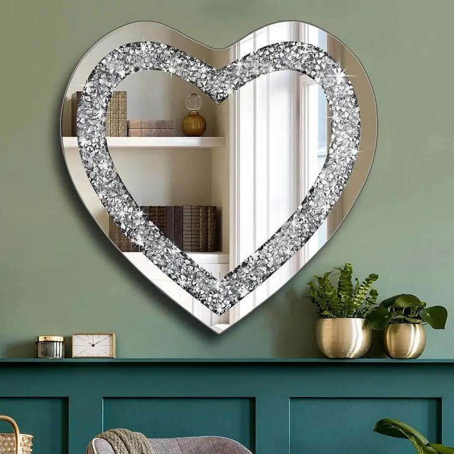 Heart Shaped Frameless Diamond Crystal Wall Mirror
