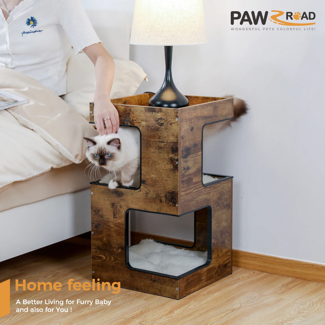 PAWZ Road Wood Cat Condo Bed With Removable Scratching Pad