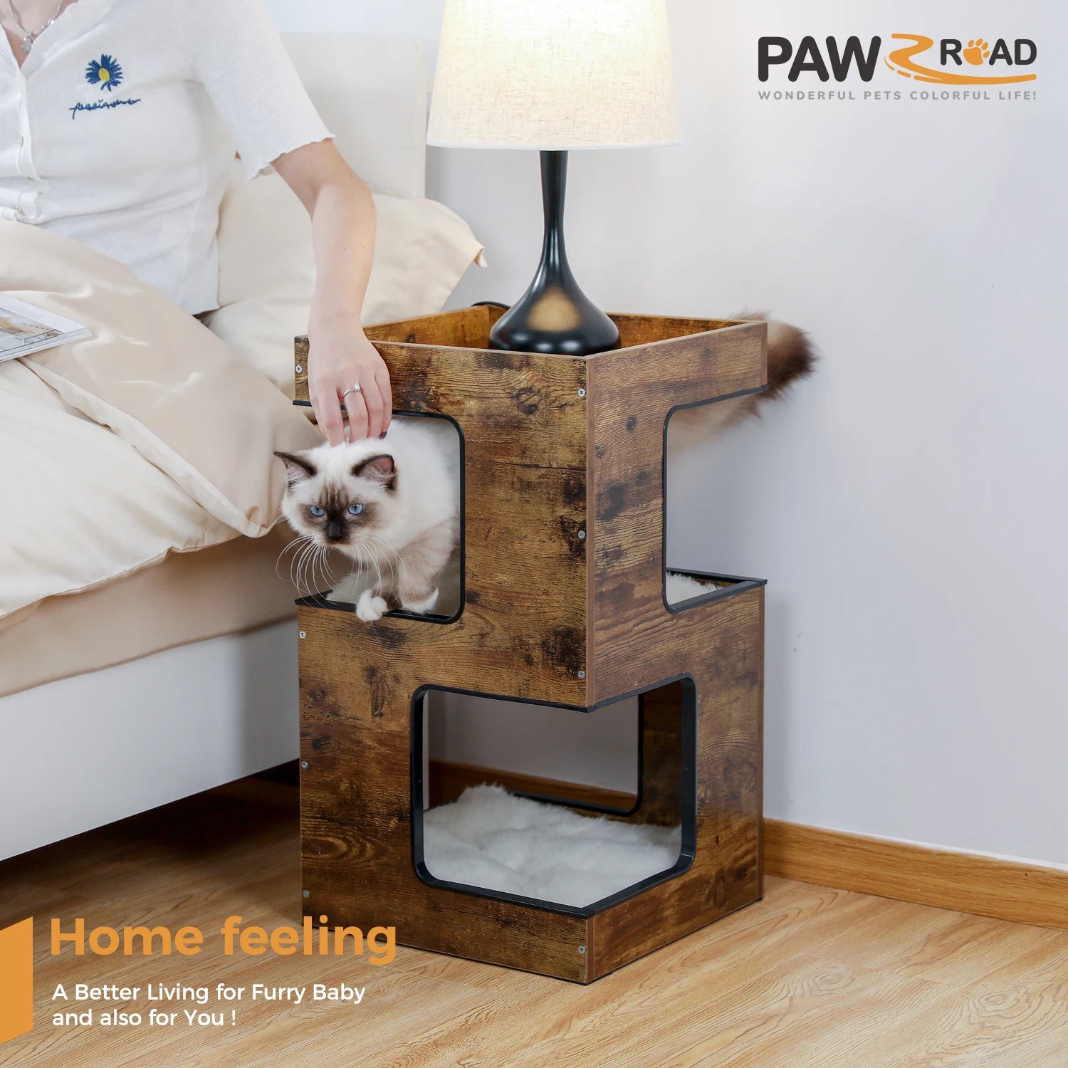 PAWZ Road Wood Cat Condo Bed With Removable Scratching Pad