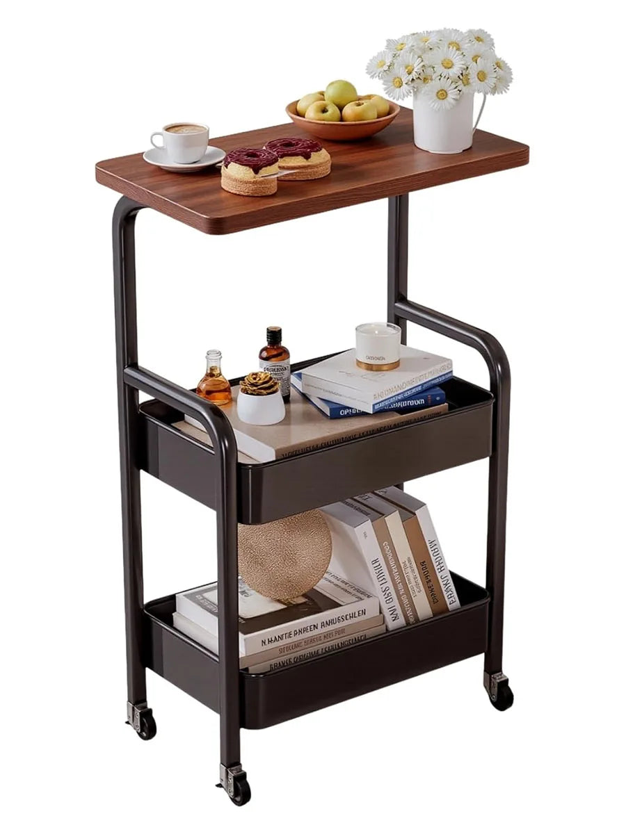 Three-Tier Metal Rolling Storage Cart With Wood Top