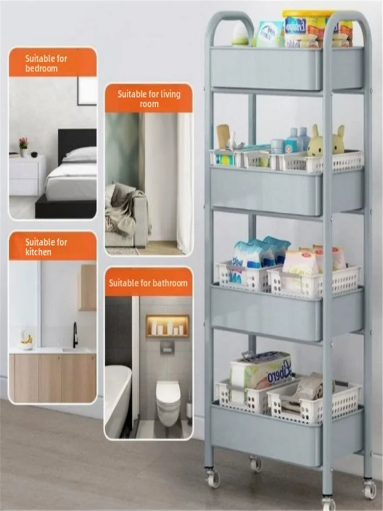 Trolley With Handlebar And Storage Rack For Kitchen And Bathroom