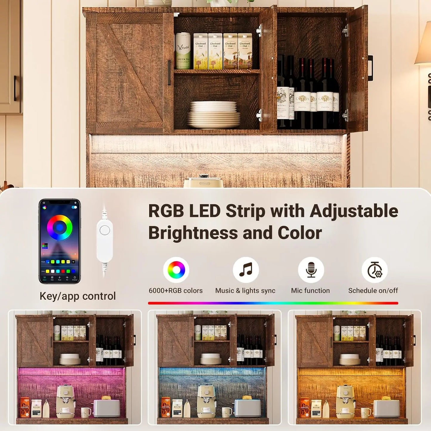 GUANGBAI Kitchen Pantry Cabinet With Charging Station And LED Lights