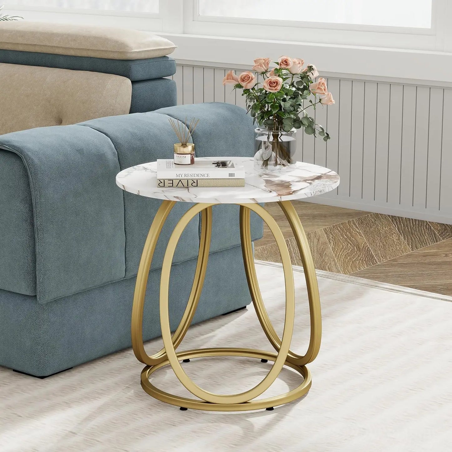 Marbled Stone Round Side Table With Metal Frame Living Room