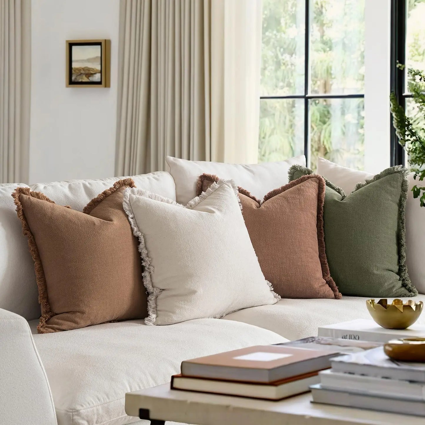 Neutral Linen Fringe Throw Pillows Set For Living Room Decor
