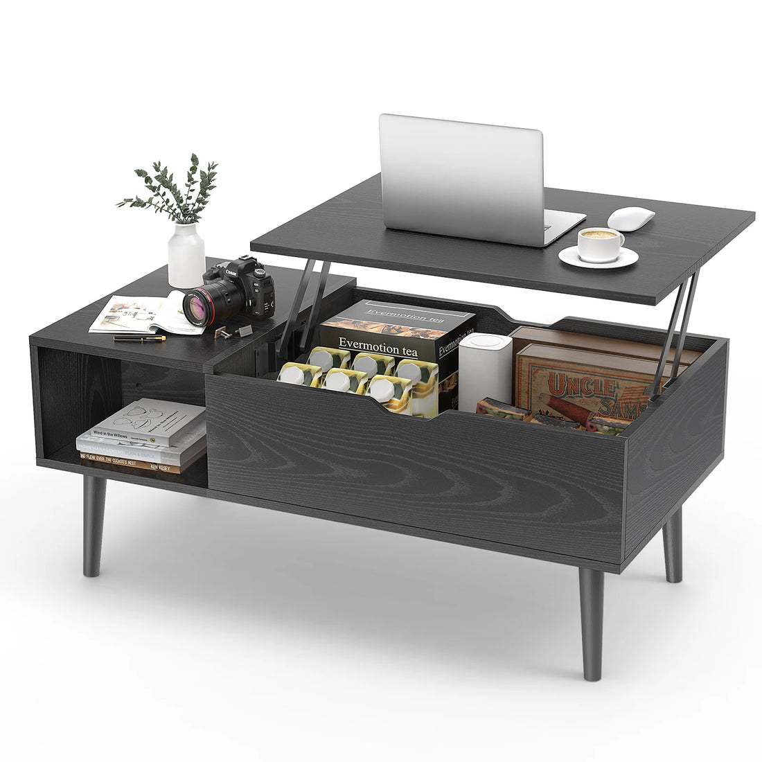 JHK Lift Top Coffee Table With Wood Storage Shelf Modern
