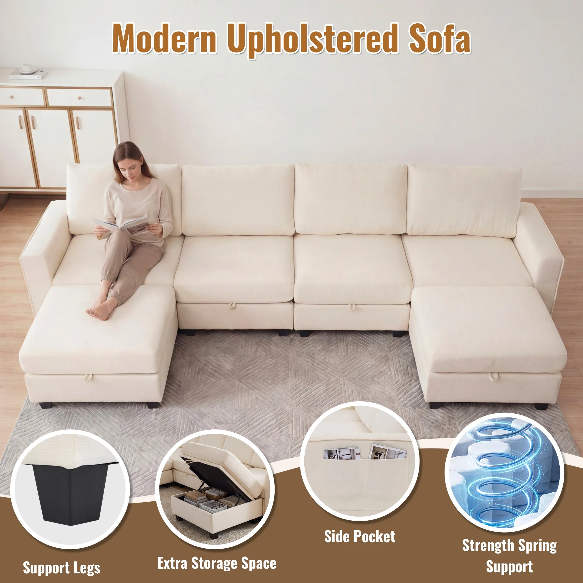 Redlife Modular Sectional Sofa Set With Storage And Two Ottomans