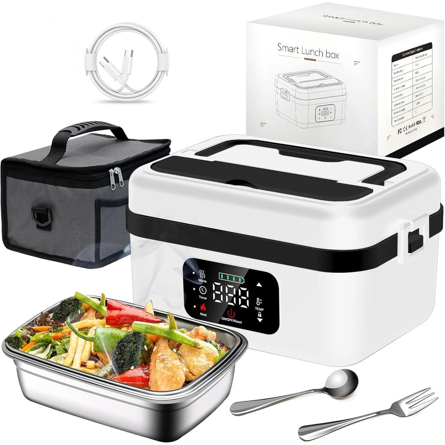 Rechargeable Lunch Box Warmer With Timer And Insulated Carrying Bag