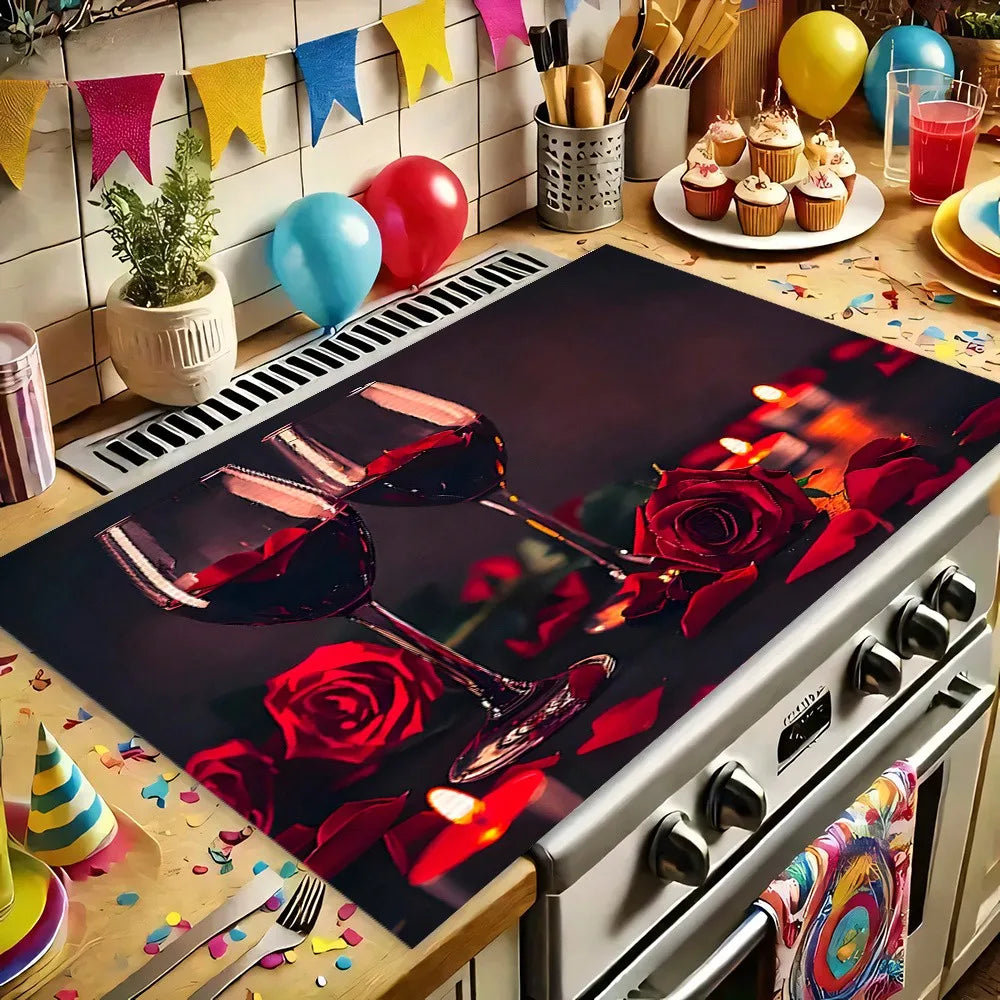 Spring Heat Resistant Placemat Non Slip Kitchen Mat With Red Roses