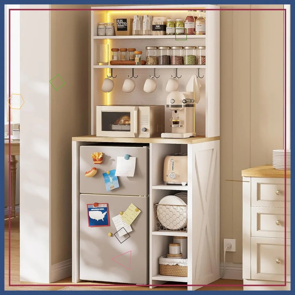 7-Tier Kitchen Microwave Stand With Mini Fridge Space LED Lights