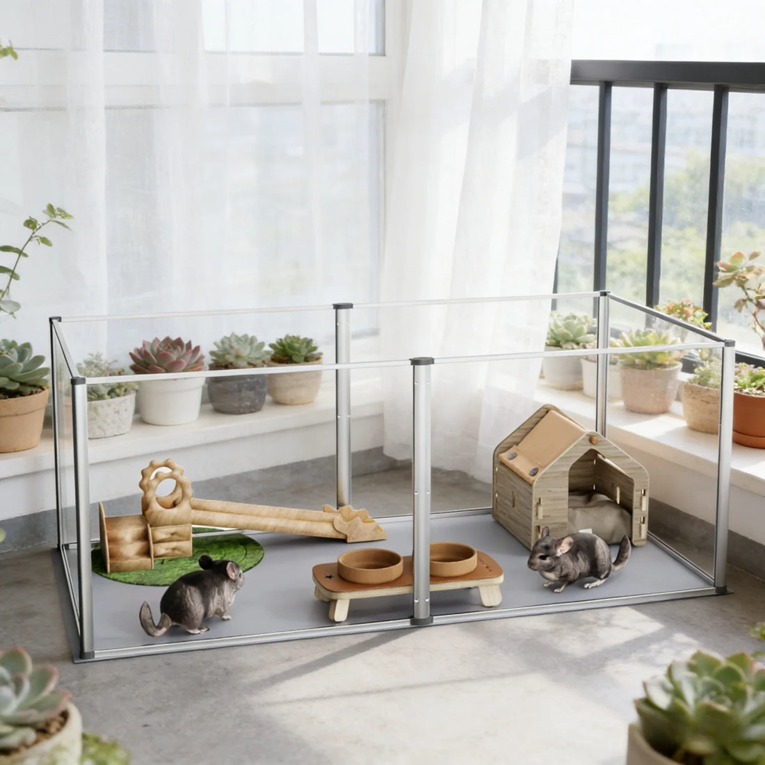 Clear Acrylic Hamster Play Pen 6 Panels Enclosure With Waterproof Floor Pad