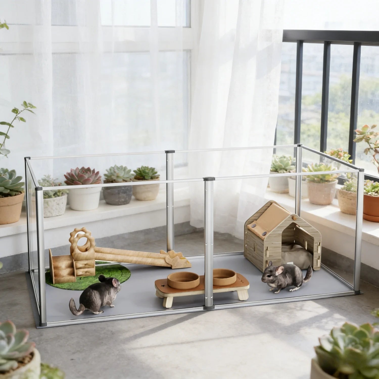 Clear Acrylic Hamster Play Pen 6 Panels Enclosure With Waterproof Floor Pad