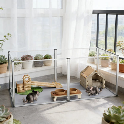 Clear Acrylic Hamster Play Pen 6 Panels Enclosure With Waterproof Floor Pad