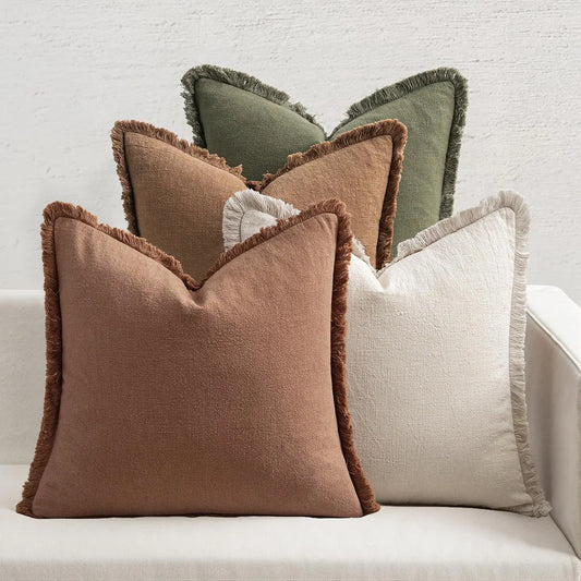 Neutral Linen Fringe Throw Pillows Set For Living Room Decor