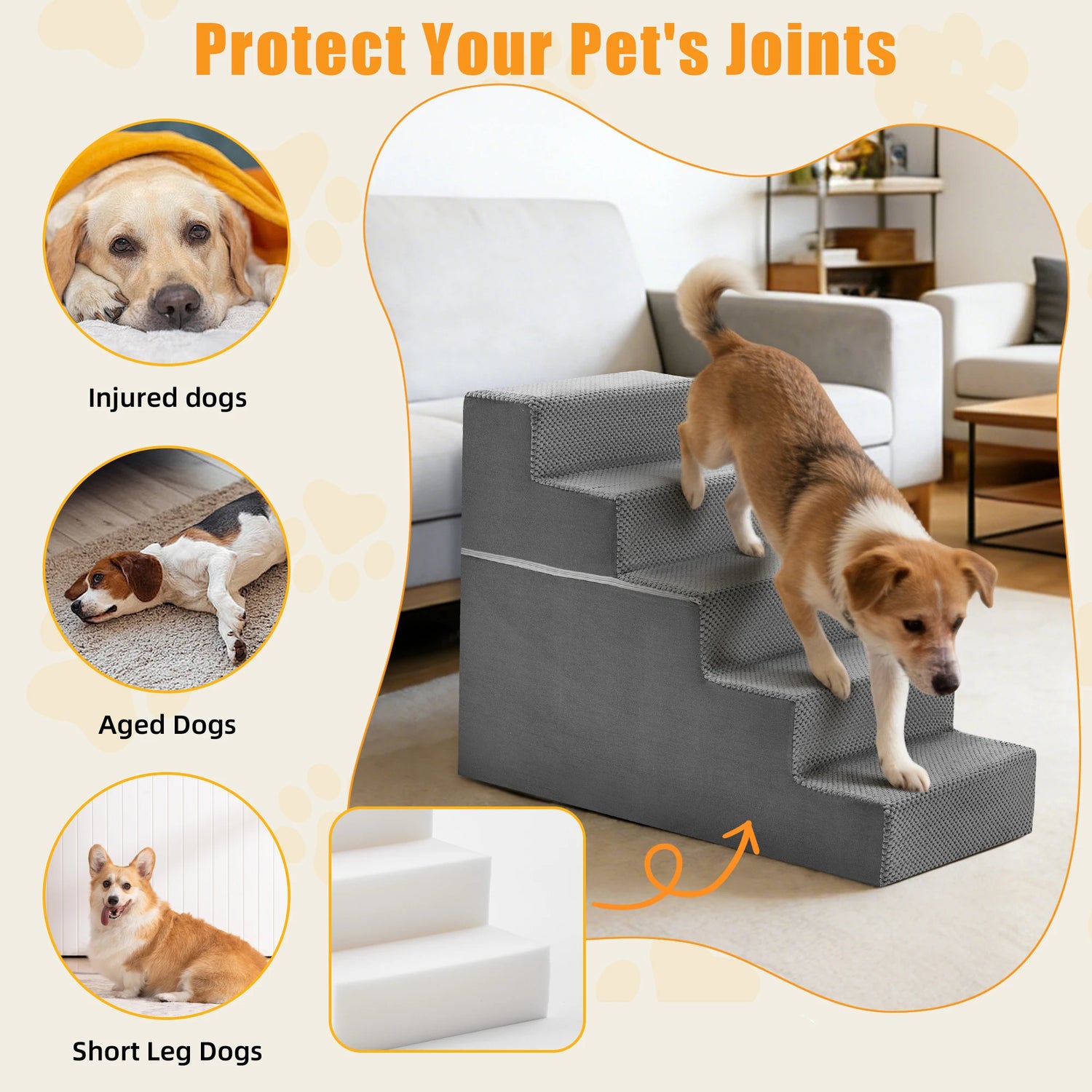Curved Foam Dog Stairs With Non Slip Grip For Pets