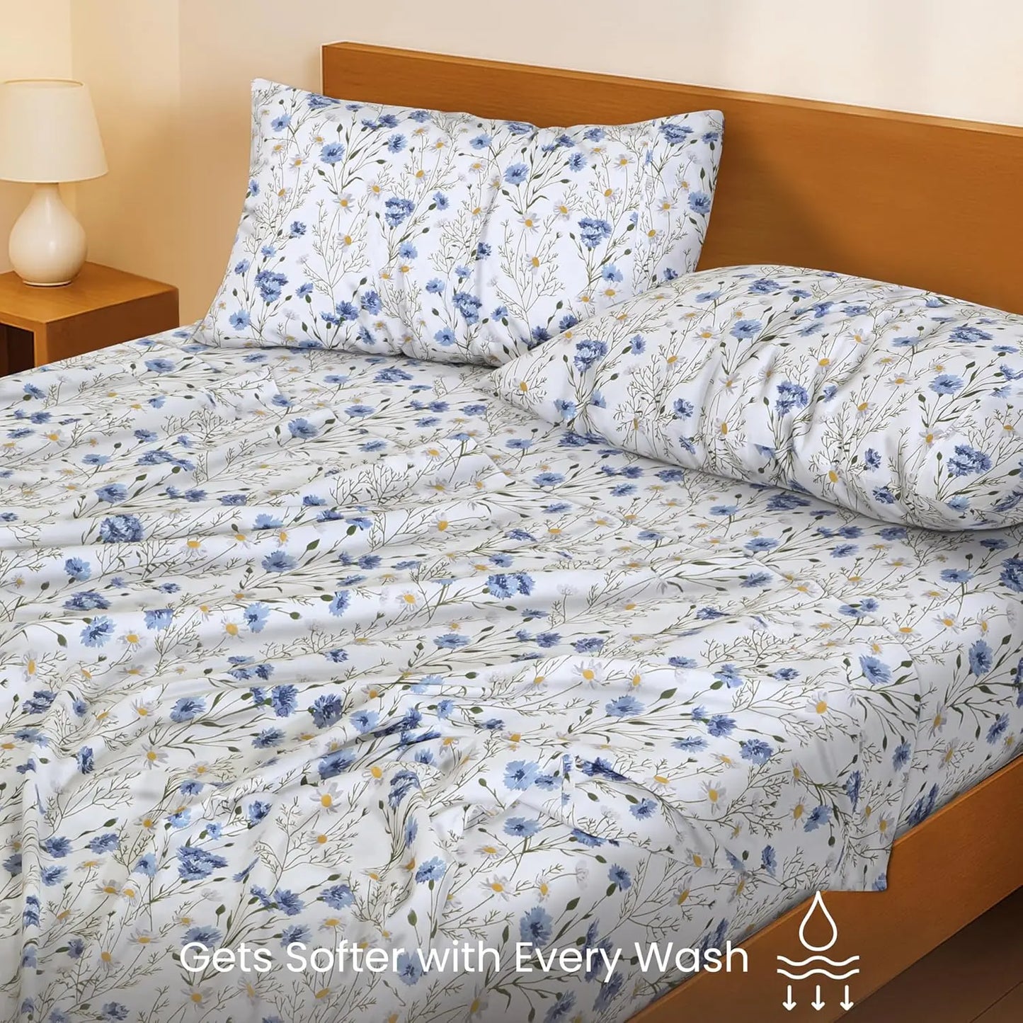 Cotton Percale Sheets Set With Floral Design And Deep Pocket
