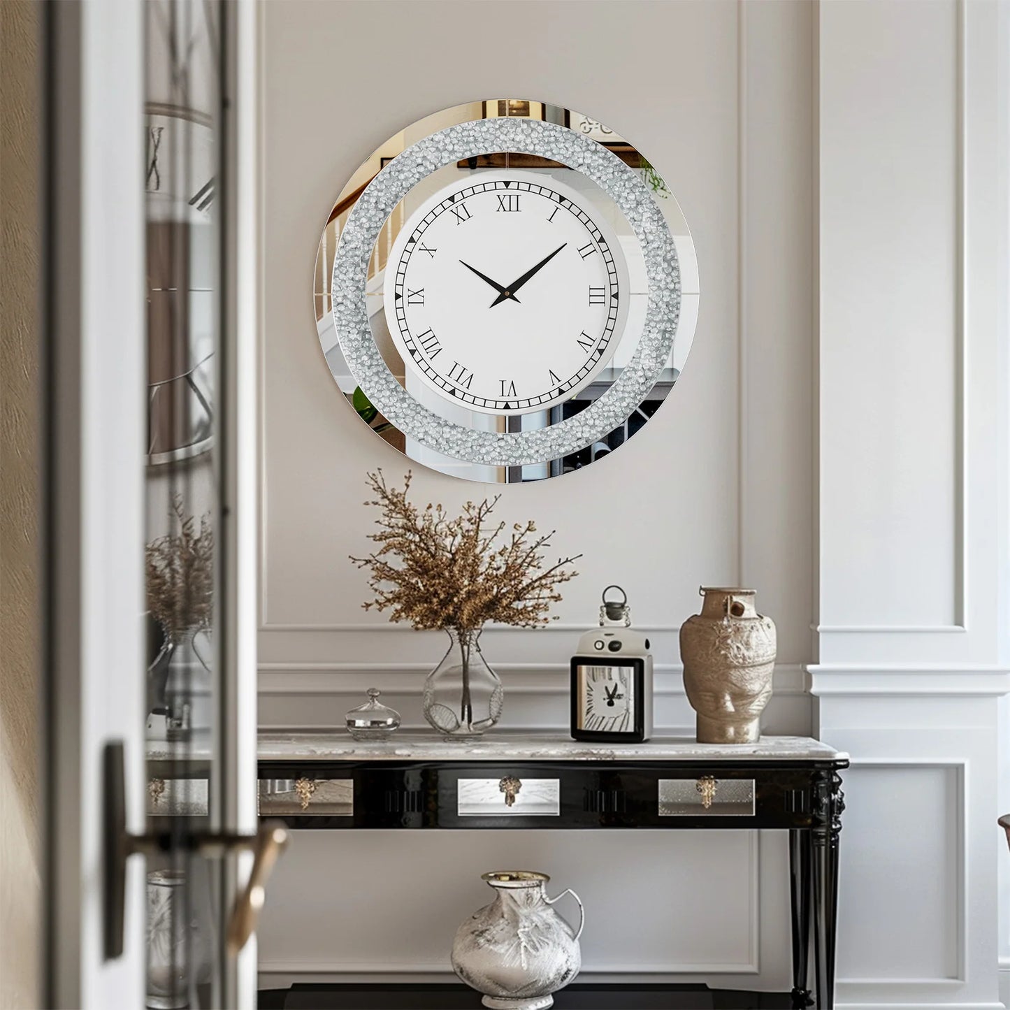 Round Mirror Wall Clock With Crystal Sparkle Living Room Decor