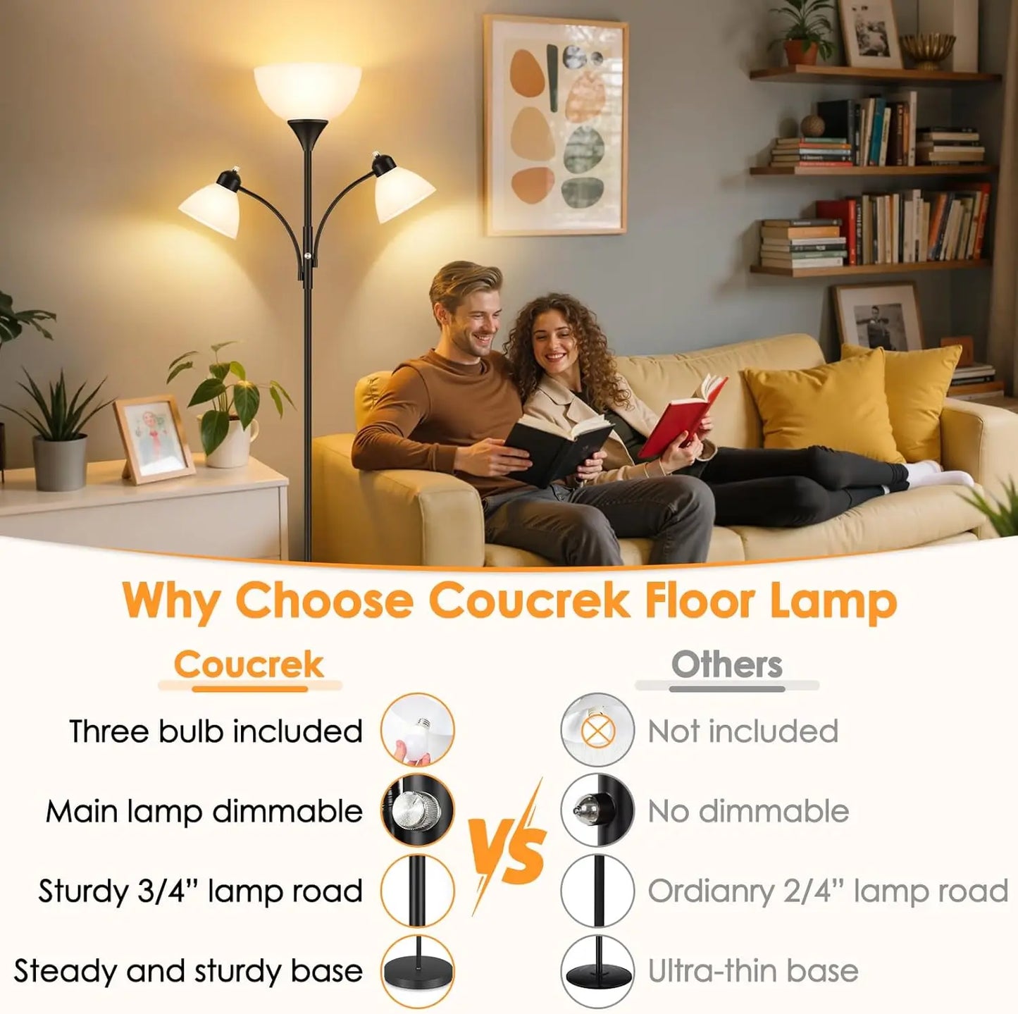 Dimmable Floor Lamp With Reading Lights No Bulbs Included