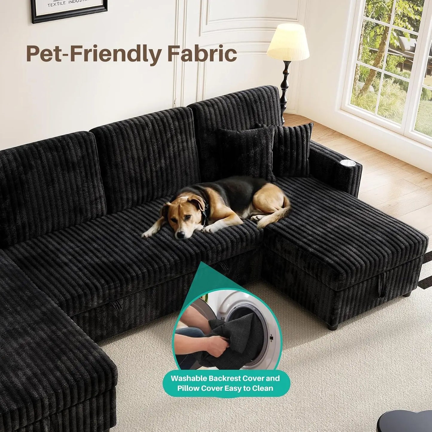 U Shaped Sleeper Sectional Sofa USB Pullout Bed And Storage