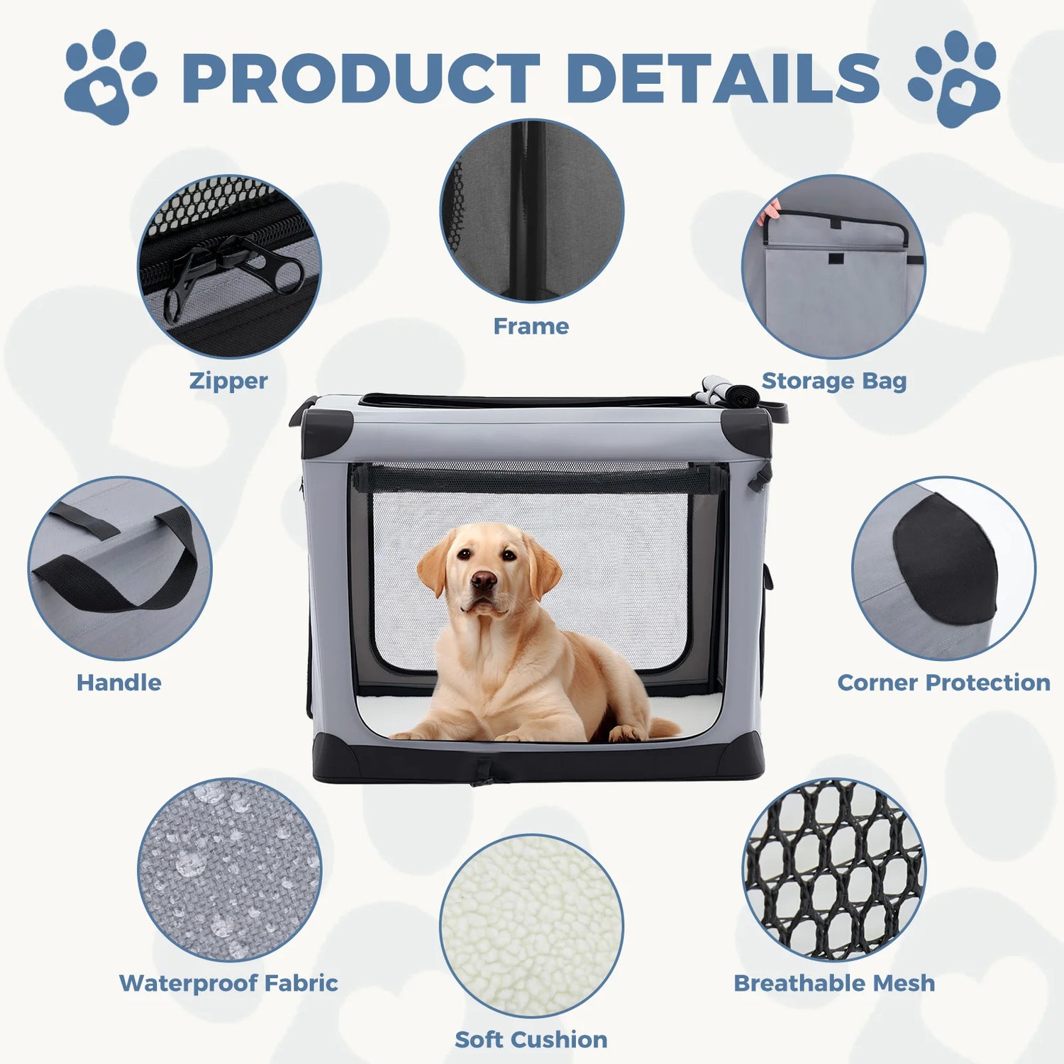 JHK Foldable Soft Dog Crate with Three Doors Portable Kennel