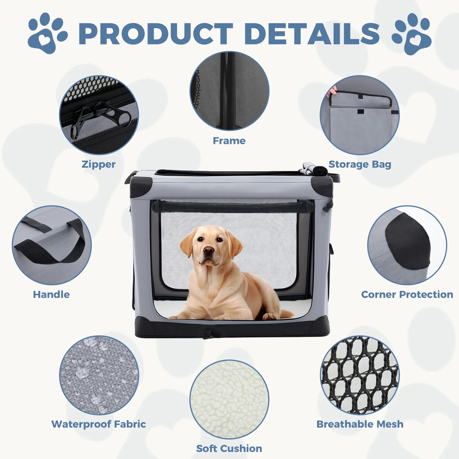 JHK Foldable Soft Dog Crate with Three Doors Portable Kennel