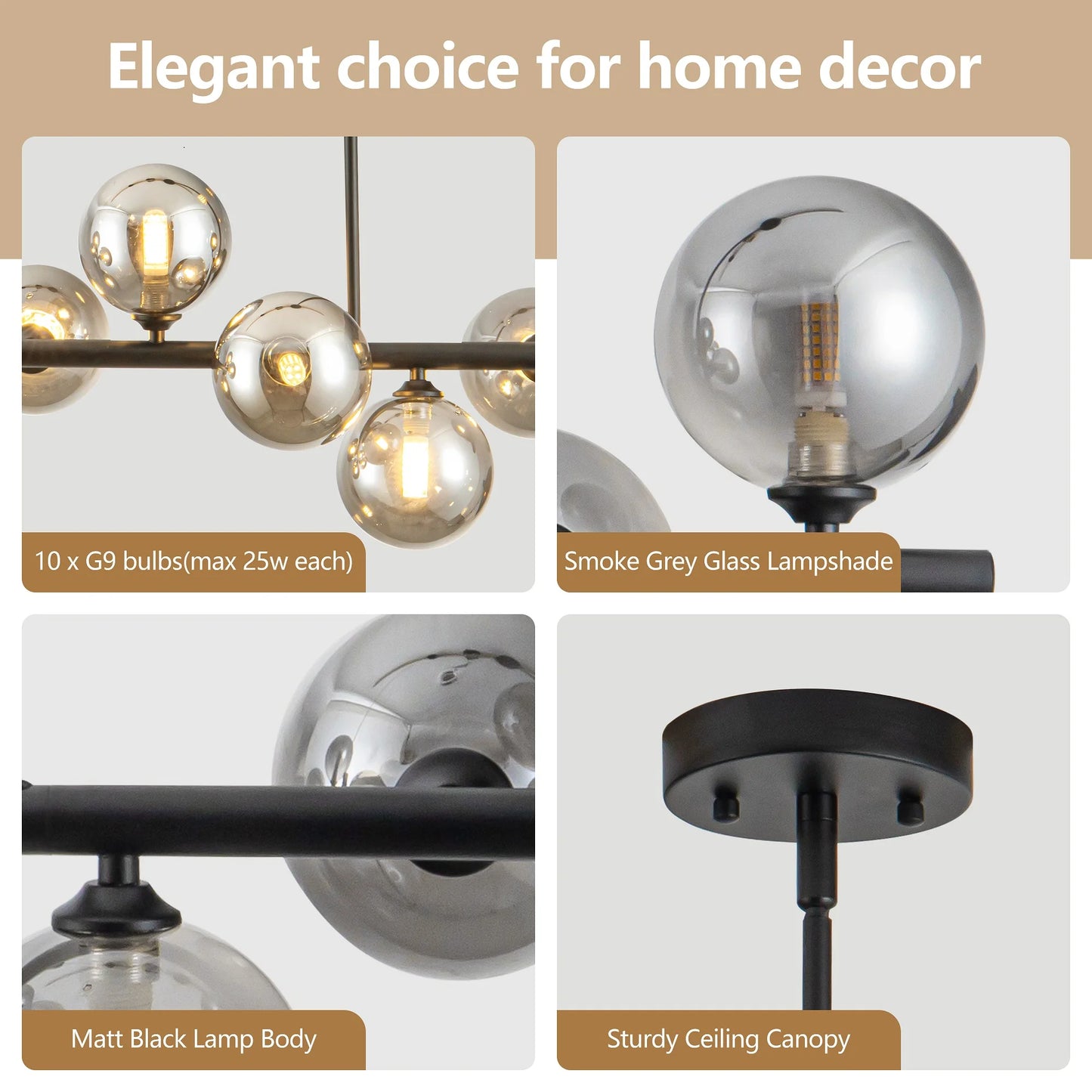 10-Light Adjustable Chandelier With Glass Globe Shades Mid-Century Modern