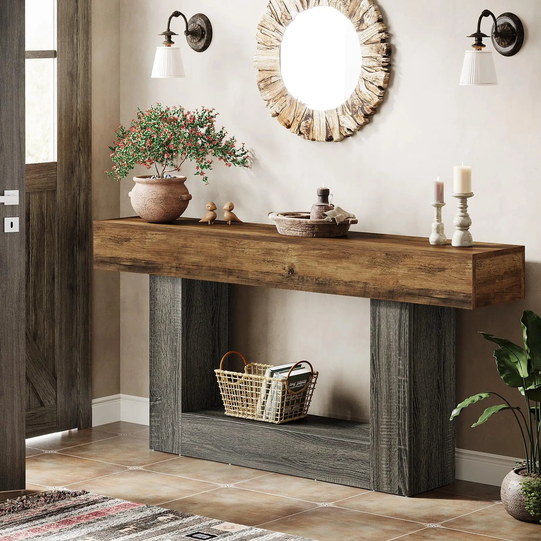 Tribesigns Farmhouse Console Table 2-Tier Entryway With U-Shaped Base