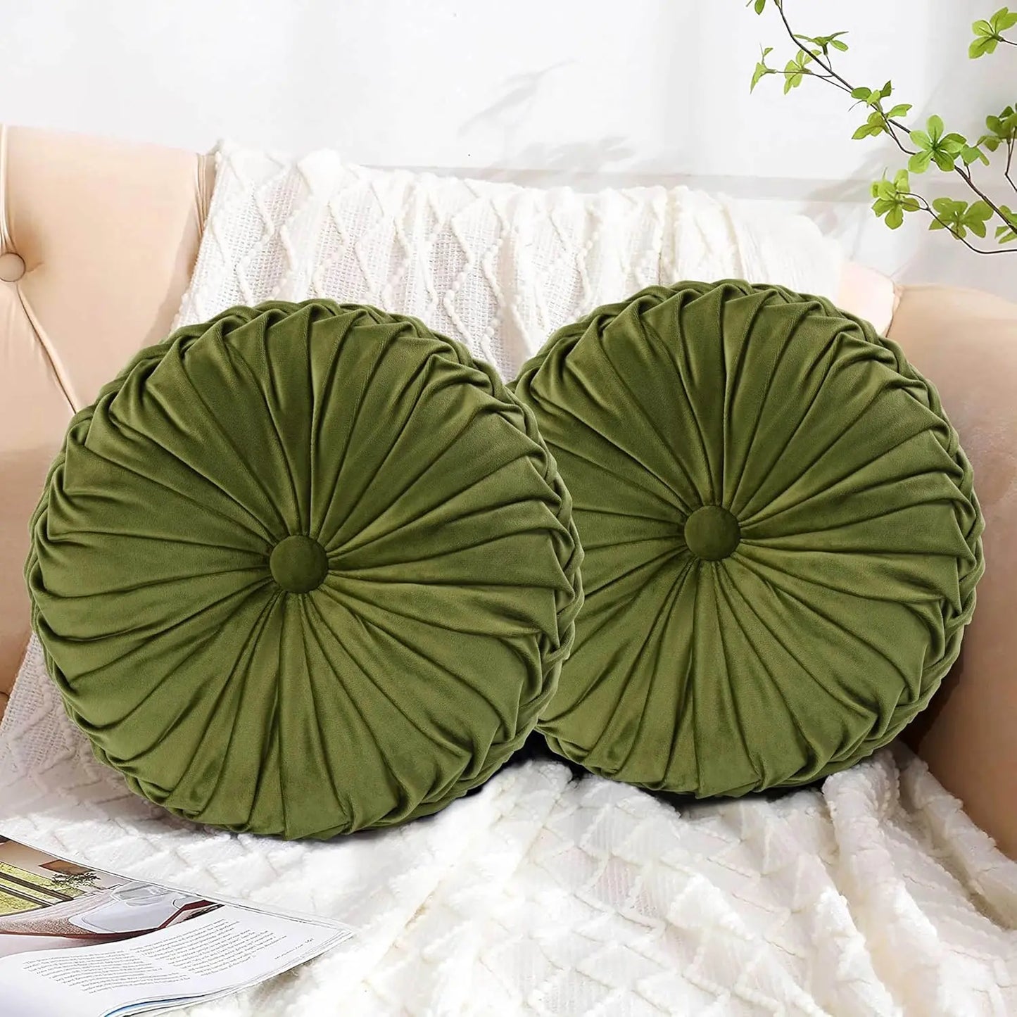 Round Pleated Vintage Velvet Throw Pillows Set for Sofa