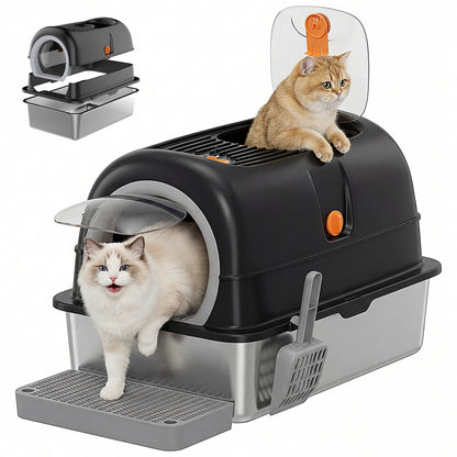 JHK Stainless Steel Cat Litter Box Fully Enclosed For Big Cats