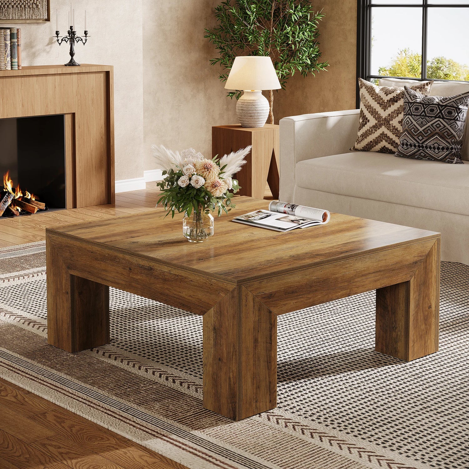 Tribesigns Square Coffee Table Farmhouse Center Table With Wooden Legs