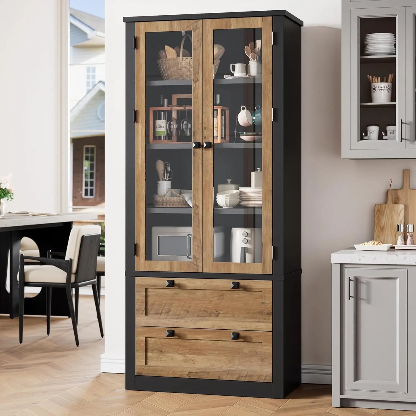 HiMISS Modern Kitchen Pantry Cabinet With Glass Doors